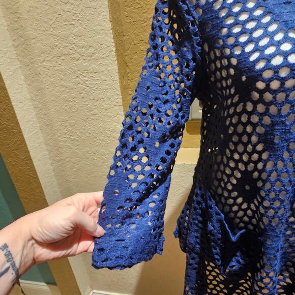 Sand & Spirit S Blue Crochet Pullover Boho Open Knit Sweater Tunic Artsy Chic - Picture 6 of 10